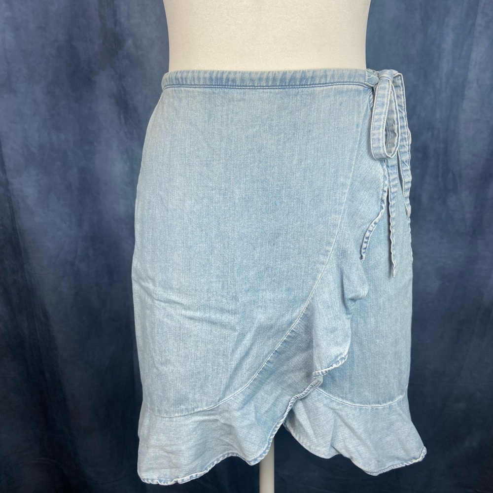 Chambray Wrap Skirt with Ruffled Hem